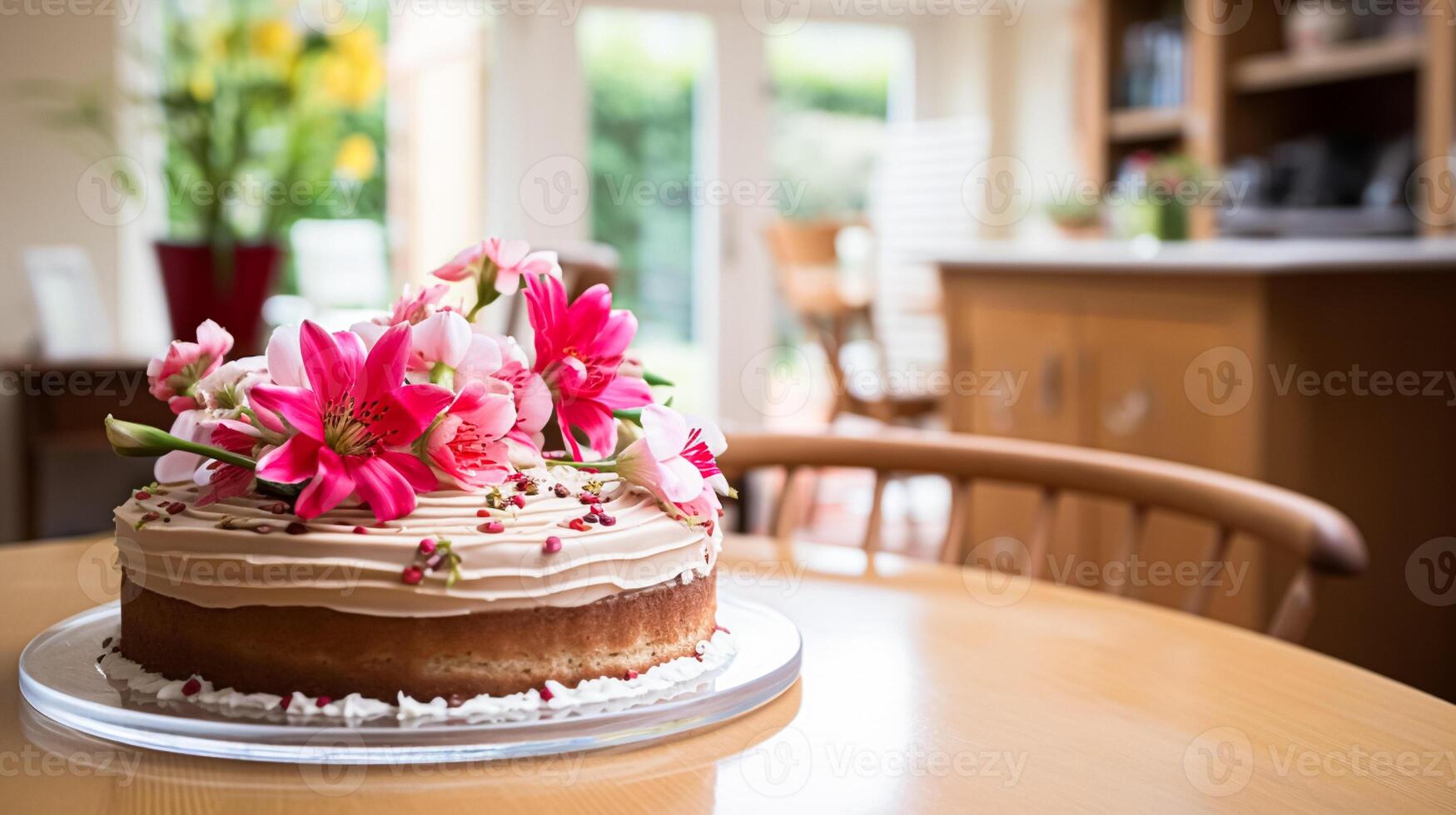 ai generiert hausgemacht Geburtstag Kuchen im das Englisch Landschaft Haus, Hütte Küche Essen und Urlaub Backen Rezept foto