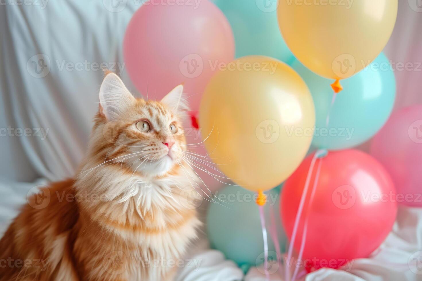 ai generiert Katze sitzt unter das festlich Dekorationen. Kätzchen unter Luftballons. generativ ai foto
