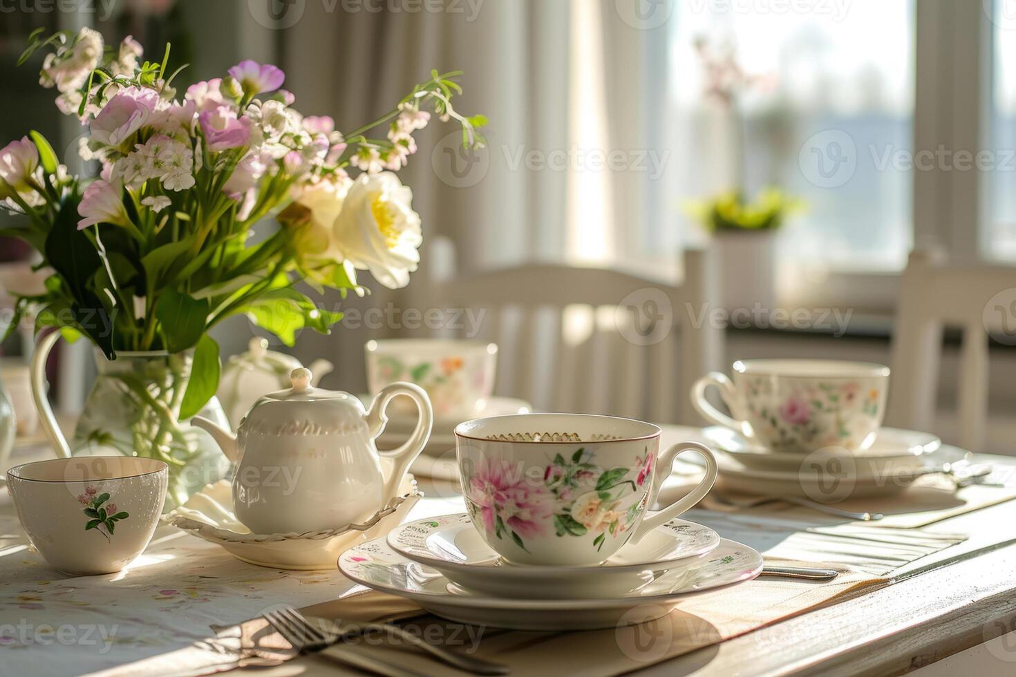 ai generiert Essen Tabelle einstellen mit Blumen- Geschirr auf sonnig Licht Hintergrund. generativ ai foto