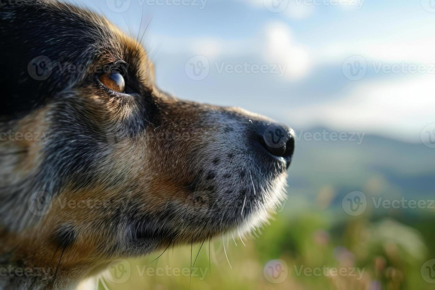 ai generiert Nahansicht von ein Hund Nase mit ein verschwommen Frühling Landschaft im das Hintergrund. süß Haustier. generativ ai foto