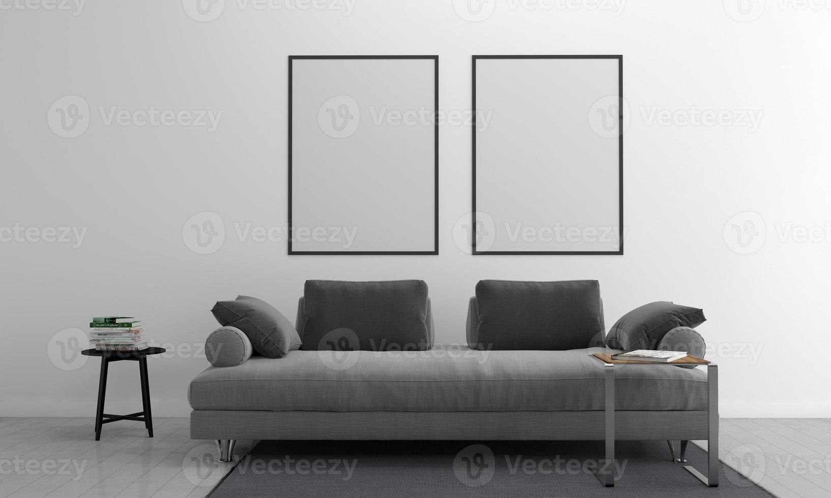 3D gerenderter moderner Wohnzimmerrahmen mit Sofa - Couch und Tisch foto