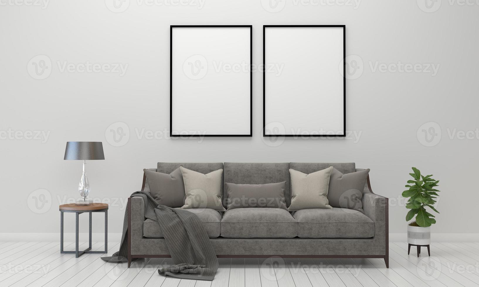 3D gerenderter moderner Wohnzimmerrahmen mit Sofa - Couch und Tisch foto