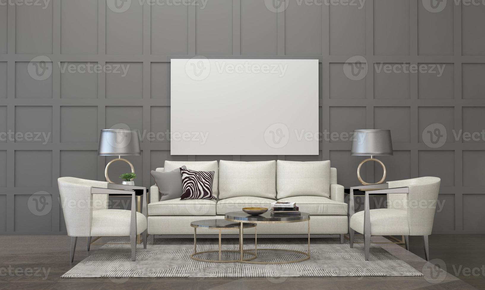 3D gerenderter moderner Wohnzimmerrahmen mit Sofa - Couch und Tisch foto