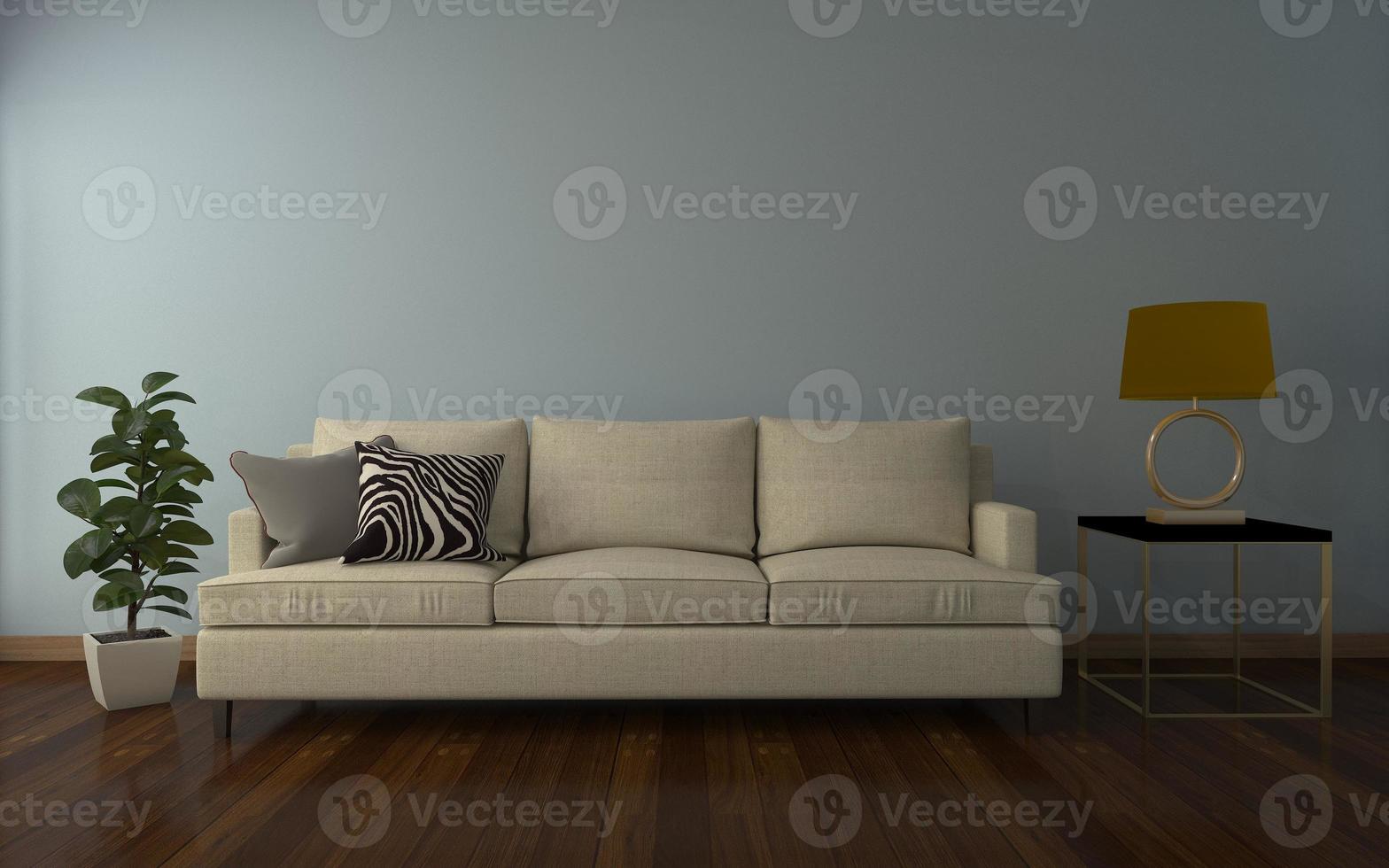 3D-Rendering des modernen Wohnzimmers mit Sofa - Couch und Tisch realistisches Modell foto