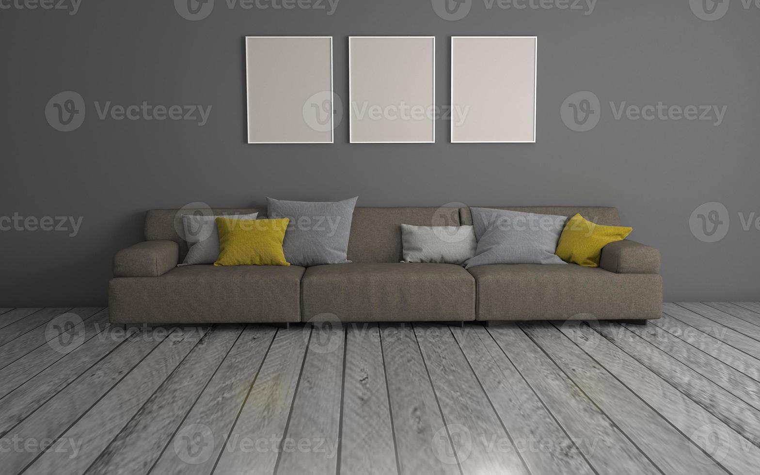 3D-Rendering des modernen Wohnzimmers mit Sofa - Couch und Tisch realistisches Modell foto