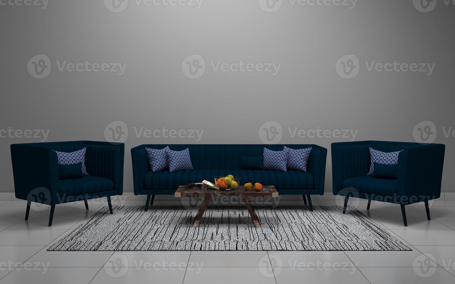 3D-Rendering des modernen Wohnzimmers mit Sofa - Couch und Tisch realistisches Modell foto