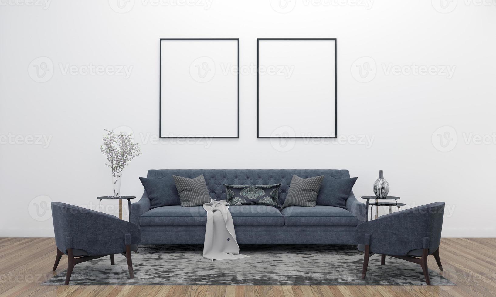 Realistisches Modell 3D gerendertes Interieur des modernen Wohnzimmers mit Sofa - Couch und Tisch foto