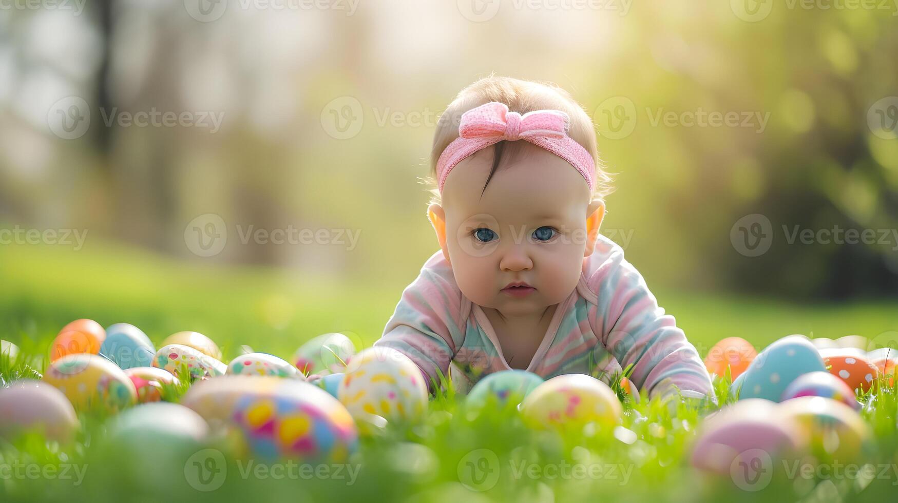 ai generiert glücklich Baby Mädchen und bunt Ostern Eier auf Gras foto