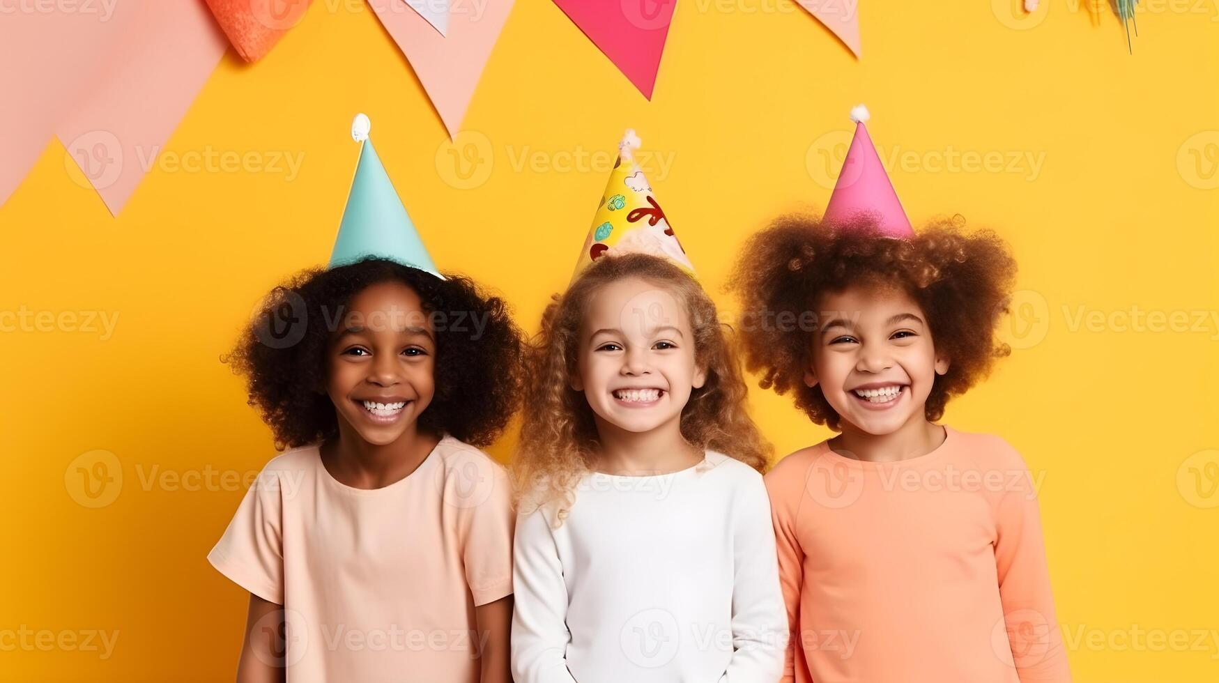 ai generiert froh drei multiethnisch Kinder feiern Geburtstag Party. foto