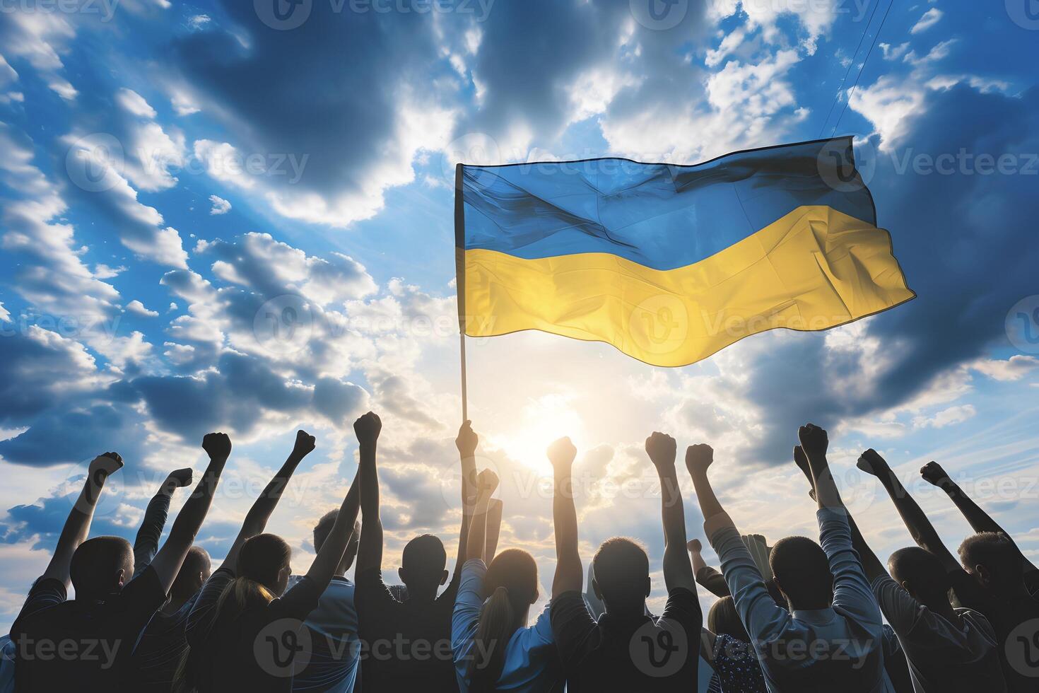 ai generiert Silhouette von Ukraine Menschen erziehen Hände und winken Flagge foto