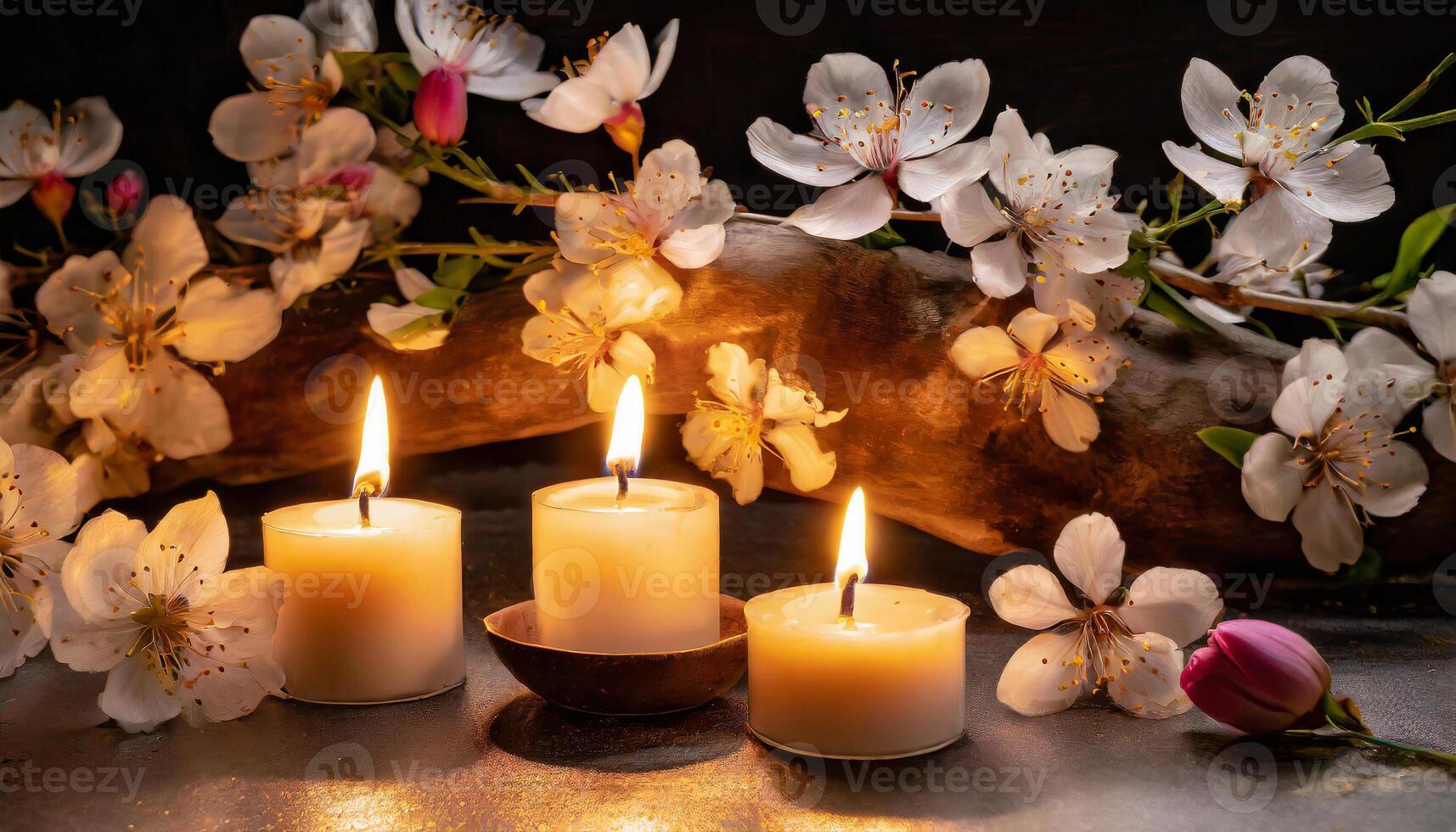 ai generiert zündete Kerzen inmitten Blühen Weiß Blumen, Erstellen ein heiter Ambiente. foto