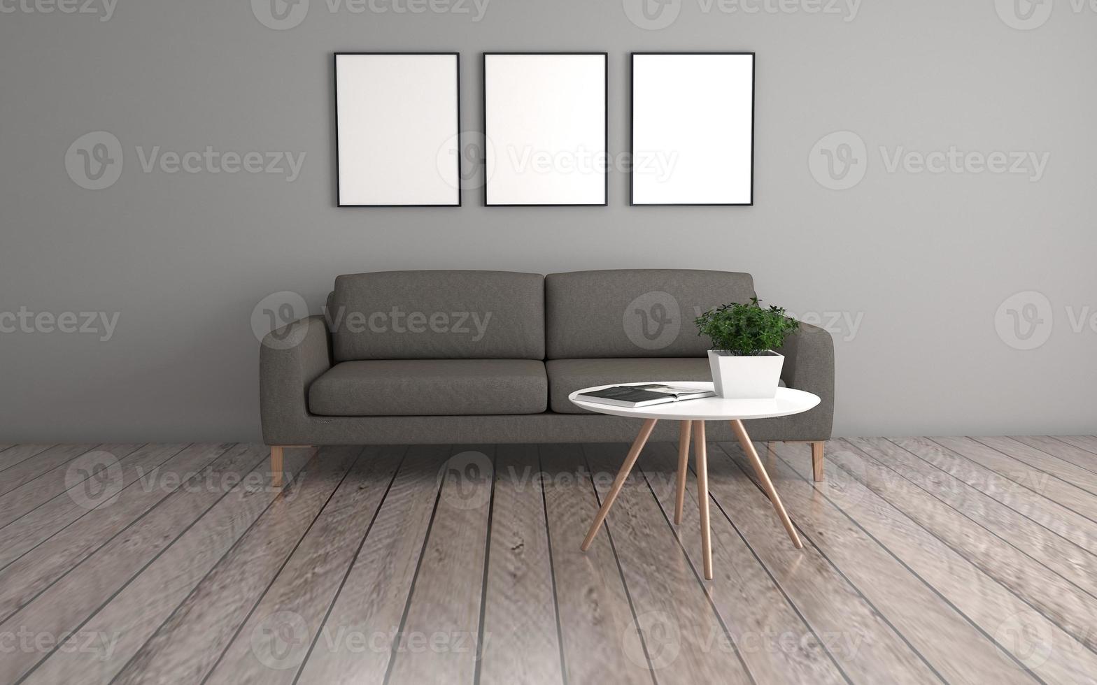 3D-Rendering des modernen Wohnzimmers mit Sofa - Couch und Tisch realistisches Modell foto