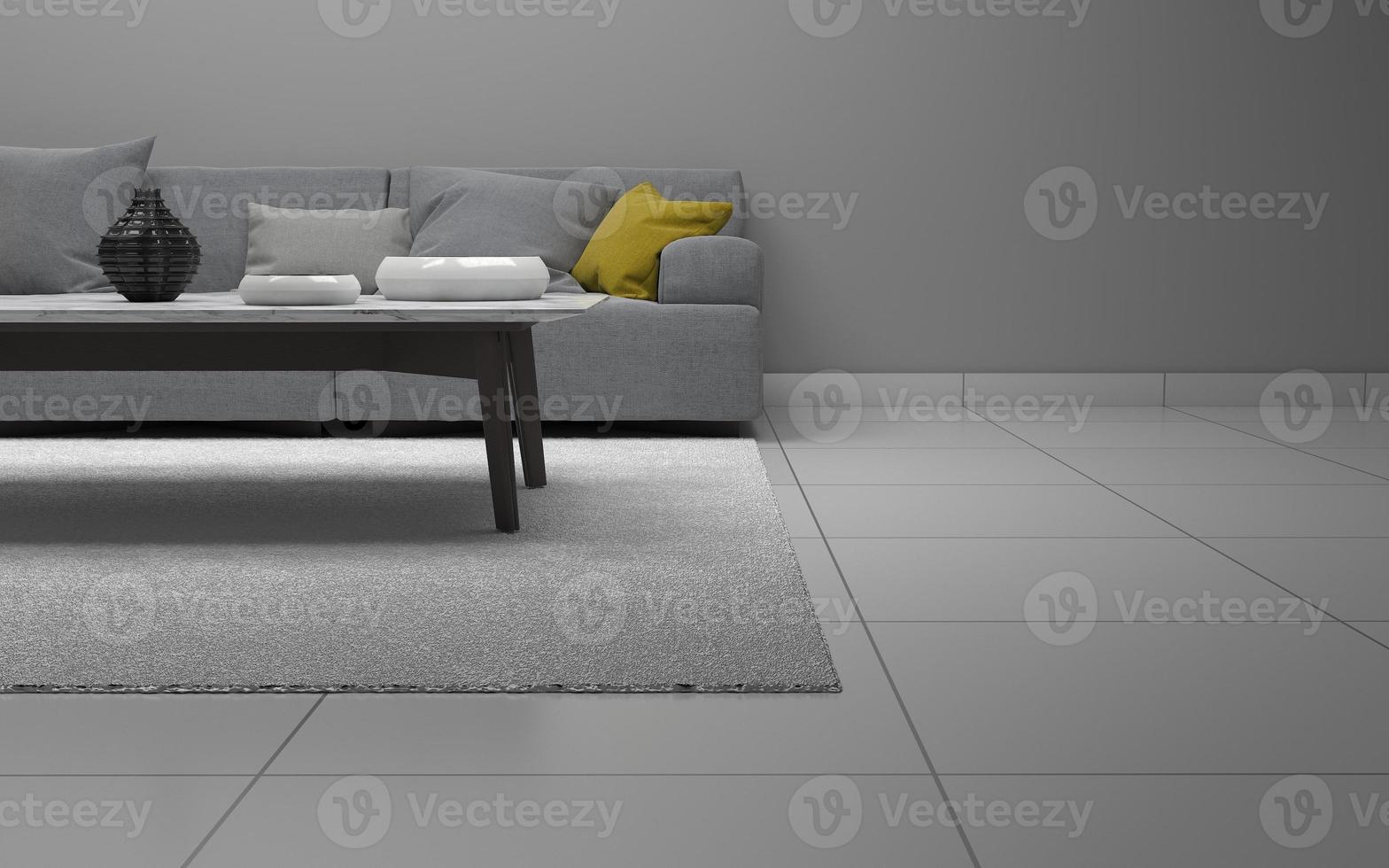 3D-Rendering des modernen Wohnzimmers mit Sofa - Couch und Tisch realistisches Modell foto