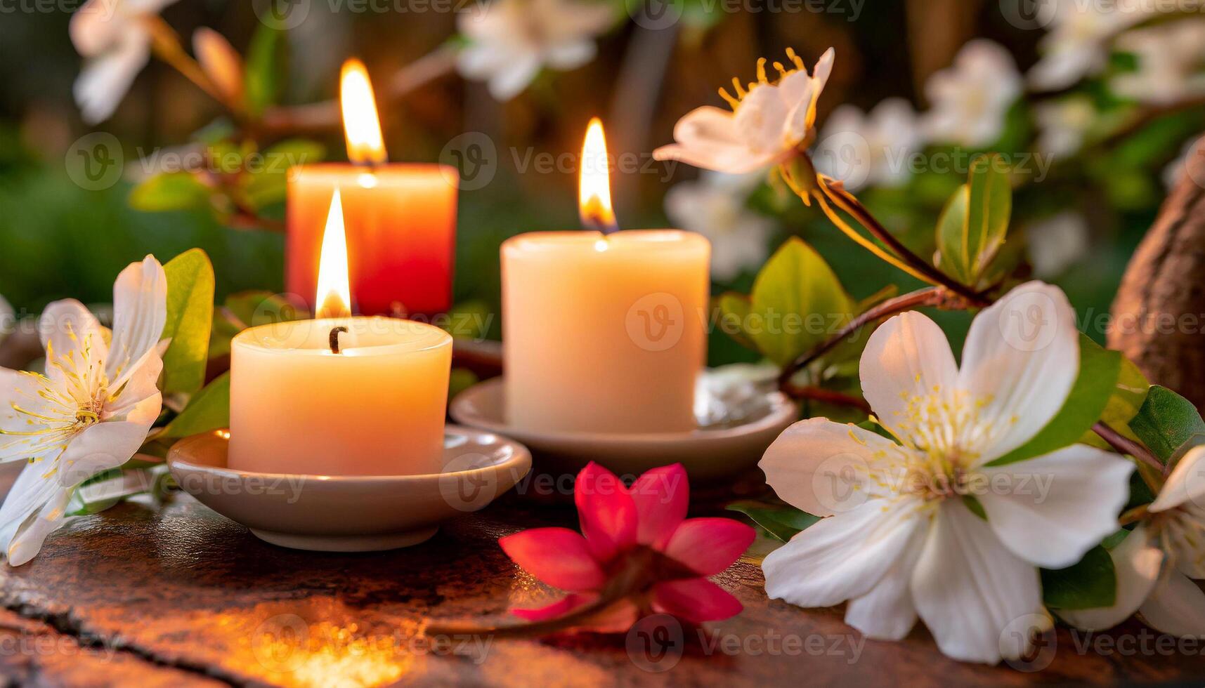ai generiert Kerzen glühen inmitten Blühen Blumen, Gießen ein heiter und magisch Ambiente. foto
