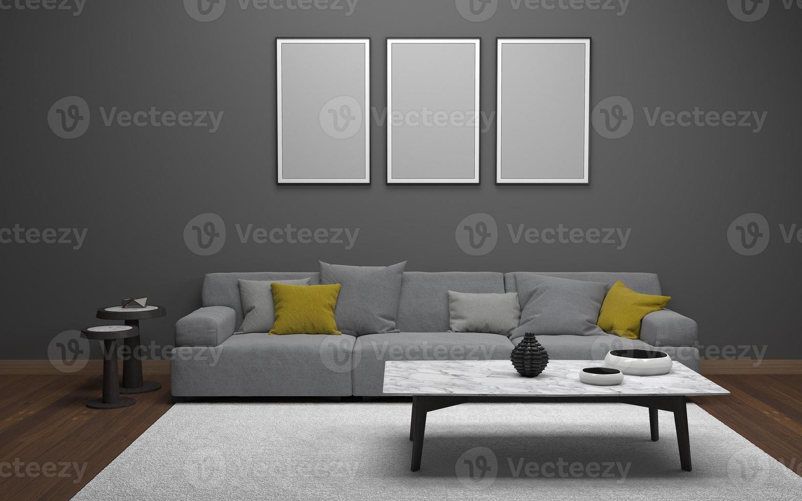 3D-Rendering des modernen Wohnzimmers mit Sofa - Couch und Tisch realistisches Modell foto
