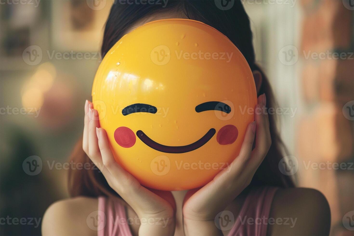 ai generiert Realist Person versteckt ihr Gesicht mit groß Emoji foto