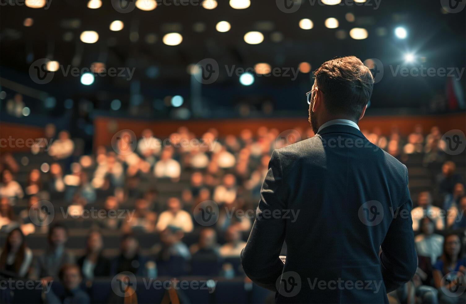 ai generiert Lautsprecher beim Geschäft Konferenz und Präsentation. Publikum beim das Konferenz Halle. Rückseite Aussicht von unkenntlich Menschen im Publikum. foto