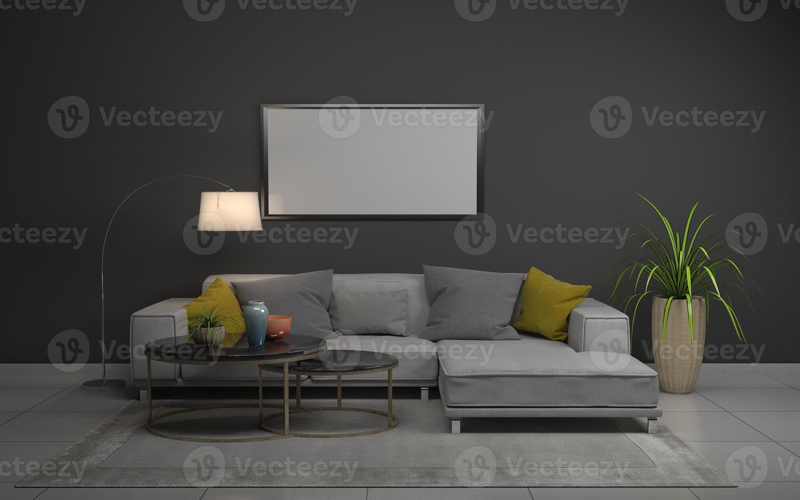 3D-Rendering des modernen Wohnzimmers mit Sofa - Couch und Tisch realistisches Modell foto