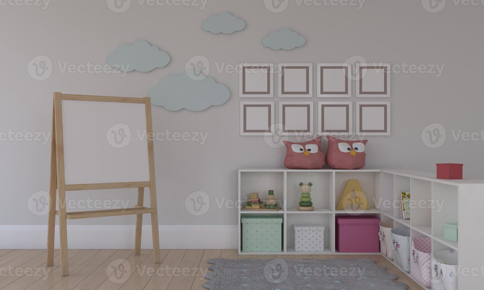 Kinderzimmer, Spielhaus, Kindermöbel mit Spielzeug und Rahmenmodell foto