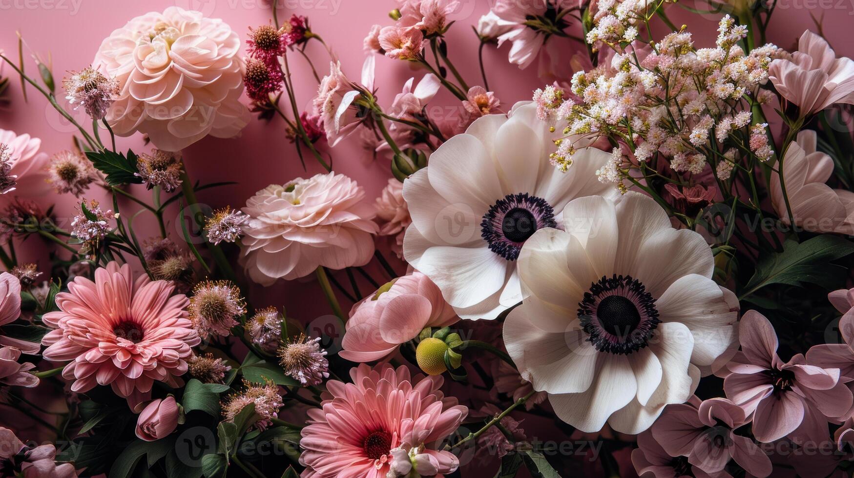 ai generiert Erröten Strauß ein Symphonie von Rosa und Weiß Blumen foto