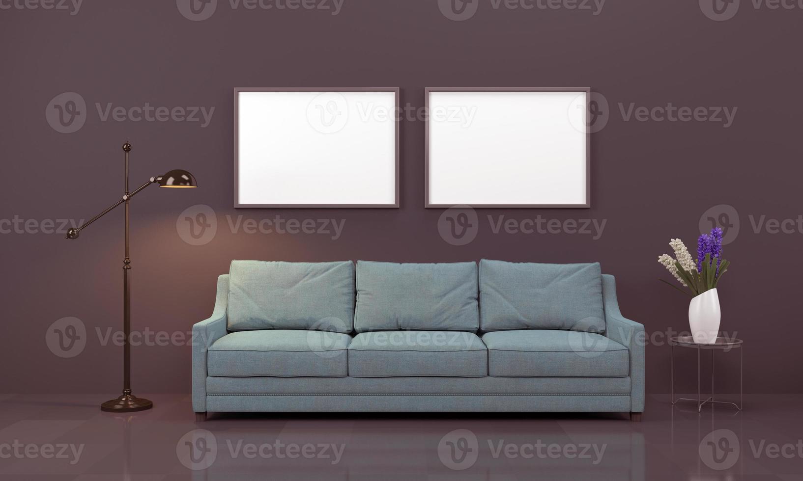 Realistisches Modell 3D gerendertes Interieur des modernen Wohnzimmers mit Sofa - Couch und Tisch foto