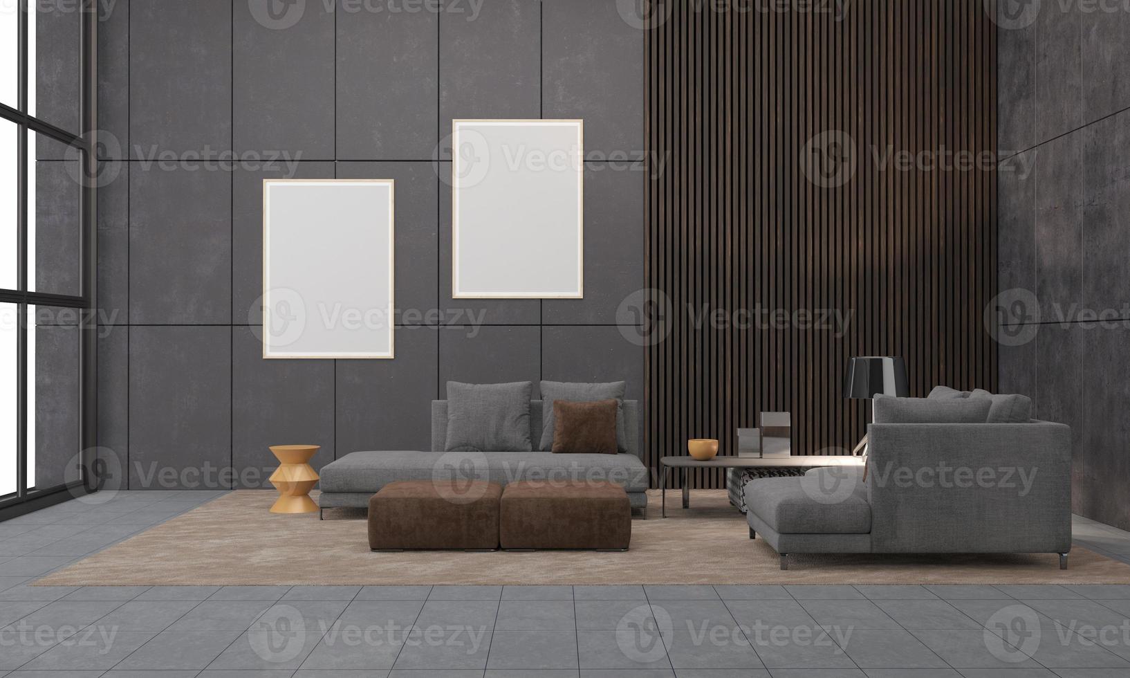 Realistisches Modell 3D gerendertes Interieur des modernen Wohnzimmers mit Sofa - Couch und Tisch foto