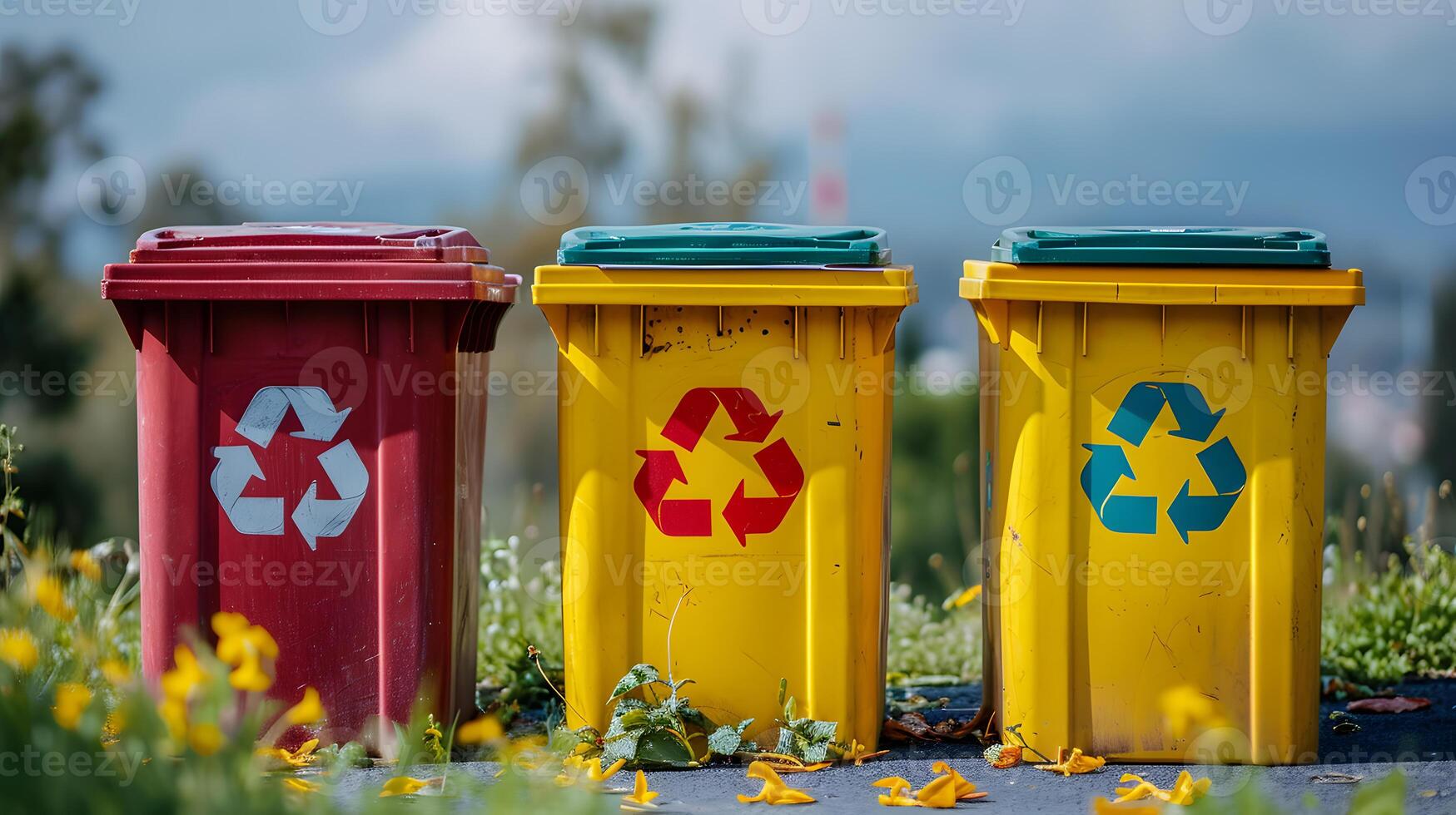 ai generiert Gelb, Grün und rot Müll Büchsen mit Recycling Symbol. das Konzept von Natur Erhaltung und trennen Abfall Sammlung foto