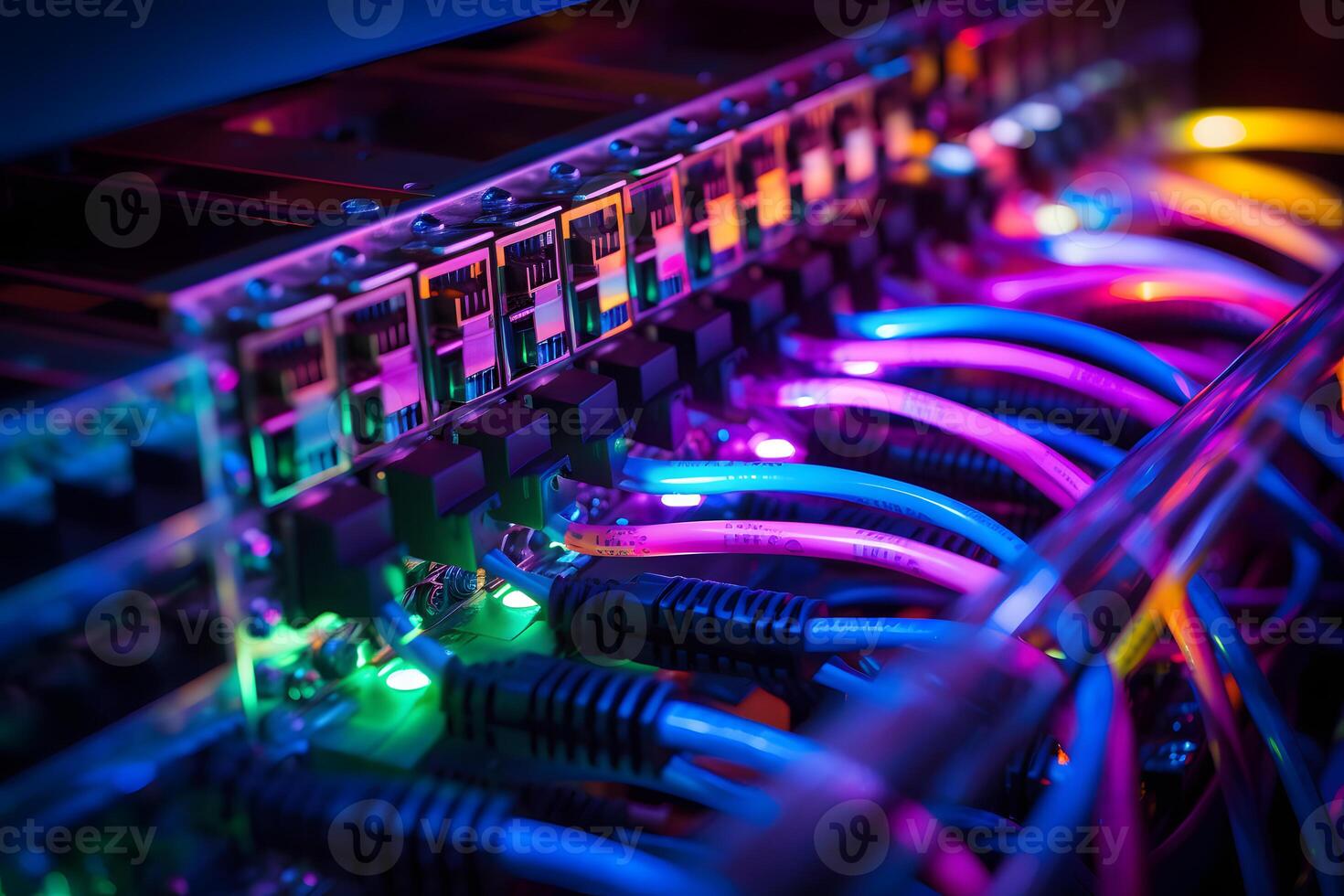 ai generiert Nahansicht Foto von ein Server Patch Panel mit viele Häfen und Drähte. viele Indikatoren von anders Farben Show das aktiv Arbeit von das Server.