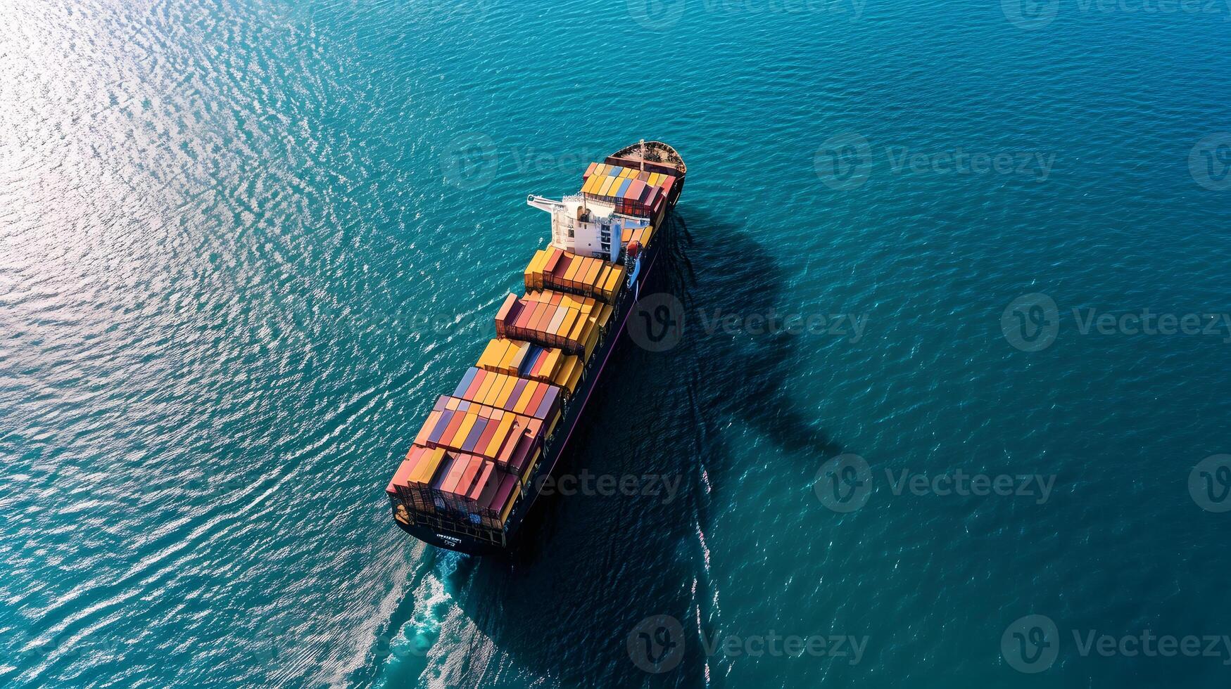 ai generiert Antenne Seite Aussicht von Ladung Schiff Tragen Behälter von Benutzerdefiniert Depot. Konzept von Fracht Versand durch Schiff Bedienung foto