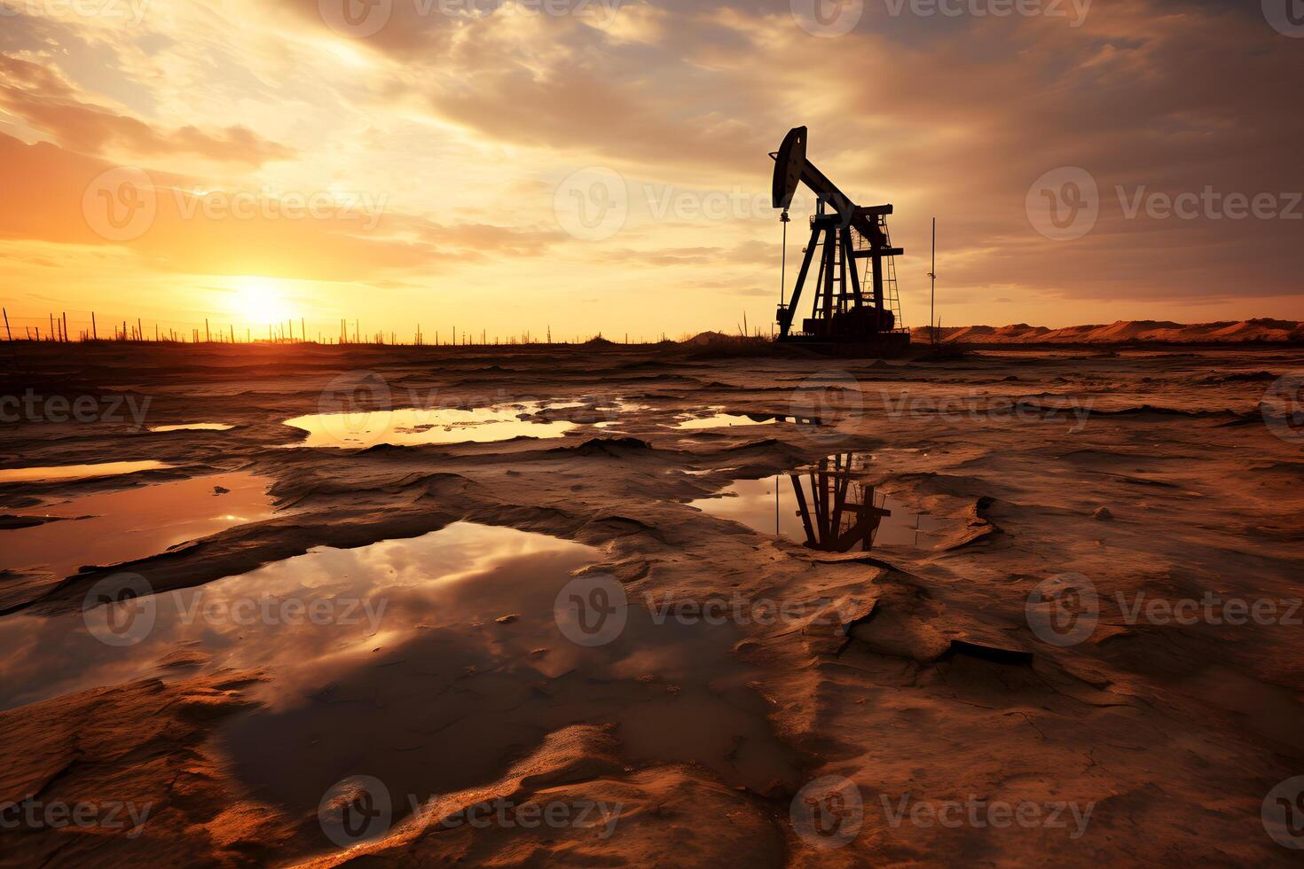 ai generiert Foto von roh Öl Pumpenheber rig beim Sonnenuntergang. Konzept Kunst von Öl Produktion oder Probleme von Natur Schutz