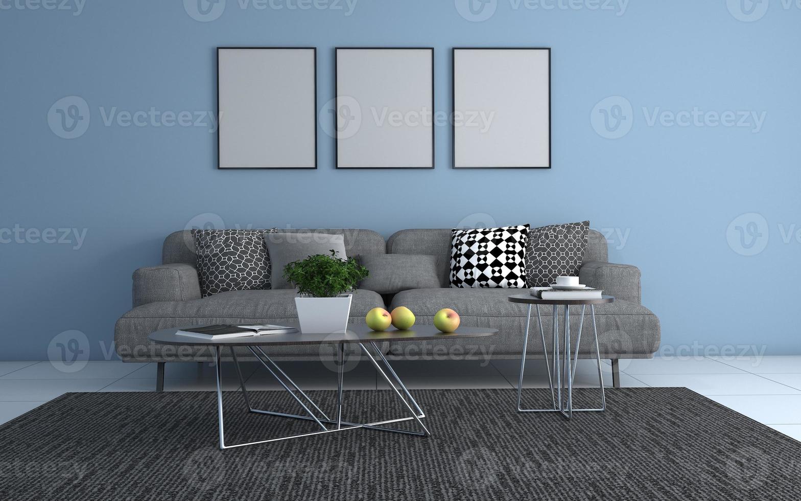 3D-Rendering des modernen Wohnzimmers mit Sofa - Couch und Tisch realistisches Modell foto