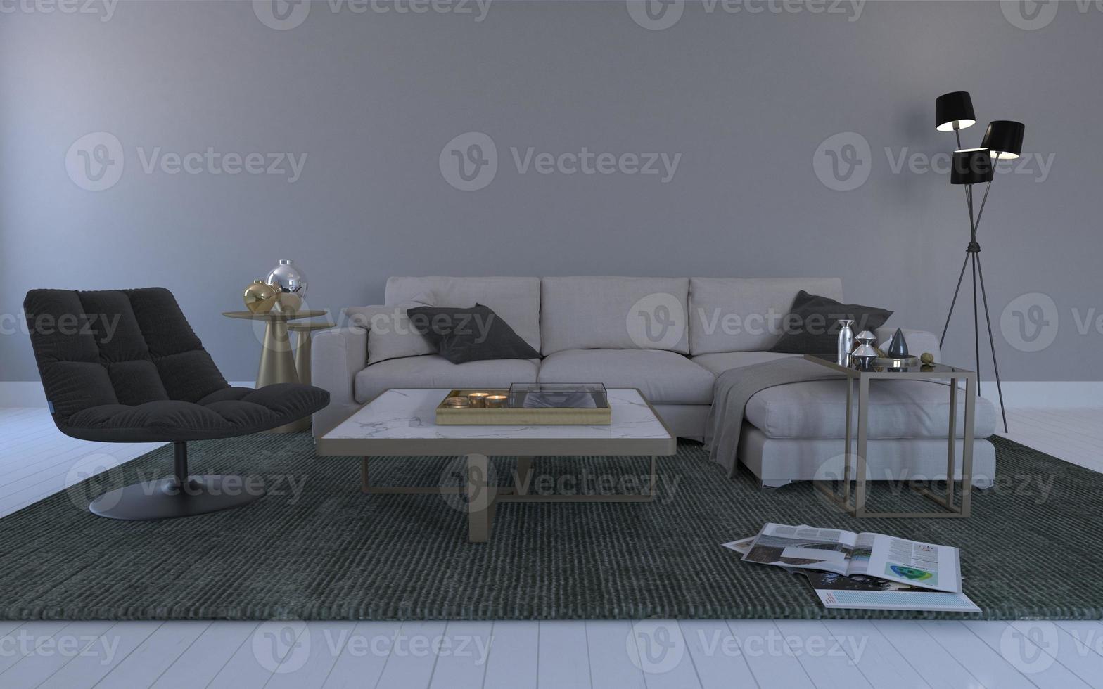 3D-Rendering des modernen Wohnzimmers mit Sofa - Couch und Tisch realistisches Modell foto