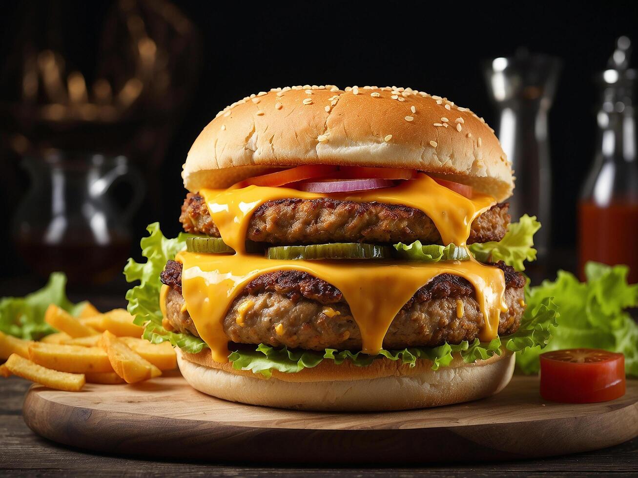 ai generiert groß doppelt Cheddar Cheeseburger mit Hähnchen Schnitzel foto