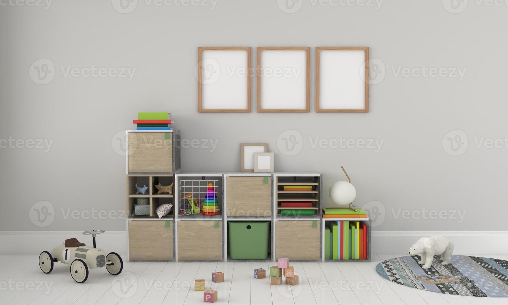 Kinderzimmer, Spielhaus, Kindermöbel mit Spielzeug und Rahmenmodell foto