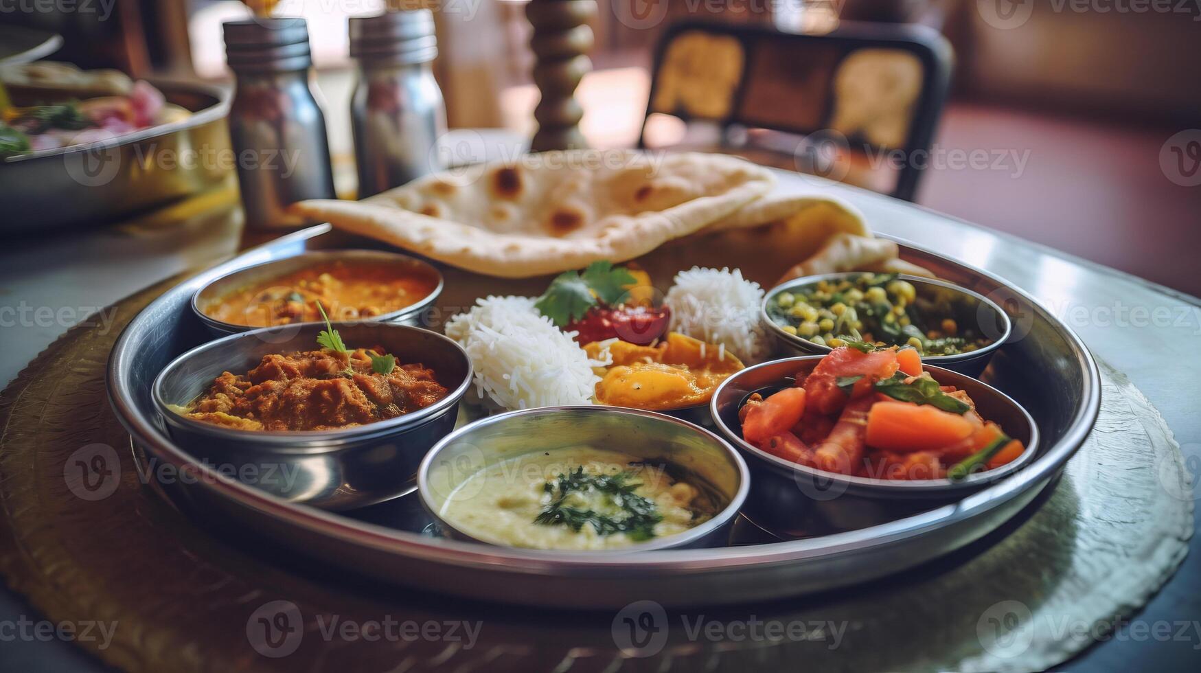 ai generiert atemberaubend köstlich indisch Thali Gericht Symphonie von Gewürze und Aromen, Thali Gnaden Cafe Tabelle foto