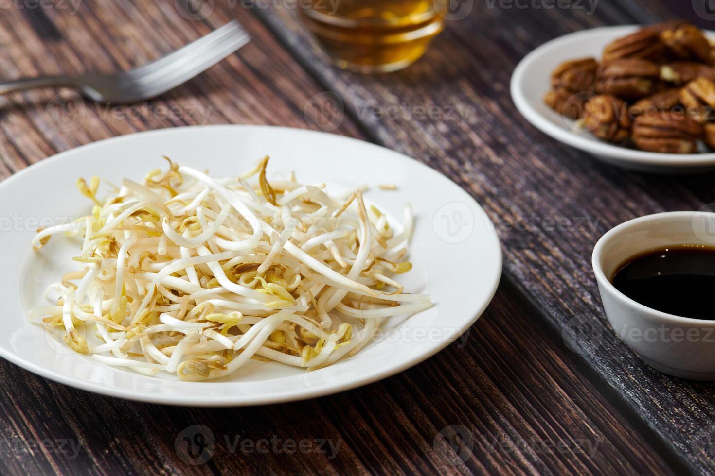 Mungobohnensprossen in der Platte. Rohes organisches gesundes Essen. Traditionelles Gemüsegericht in Ostasien. foto