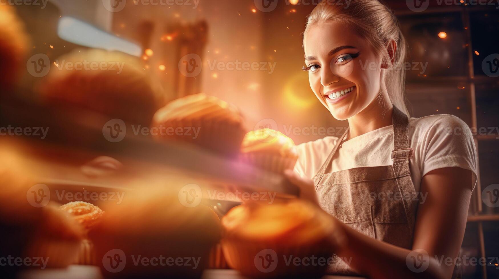 ai generiert heiter weiblich Bäcker Porträt stolz Anzeigen ihr lecker Kuchen, Sonnenlicht Hintergrund foto