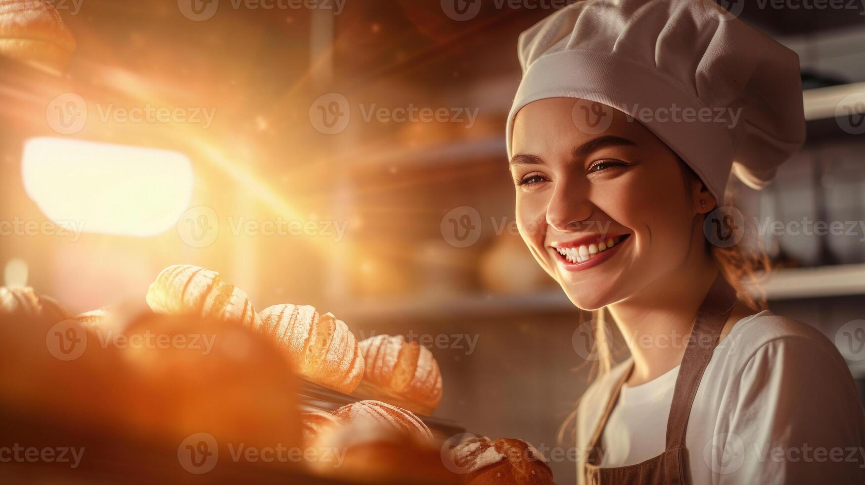 ai generiert heiter weiblich Bäcker Porträt stolz Anzeigen ihr lecker Kuchen, Sonnenlicht Hintergrund foto