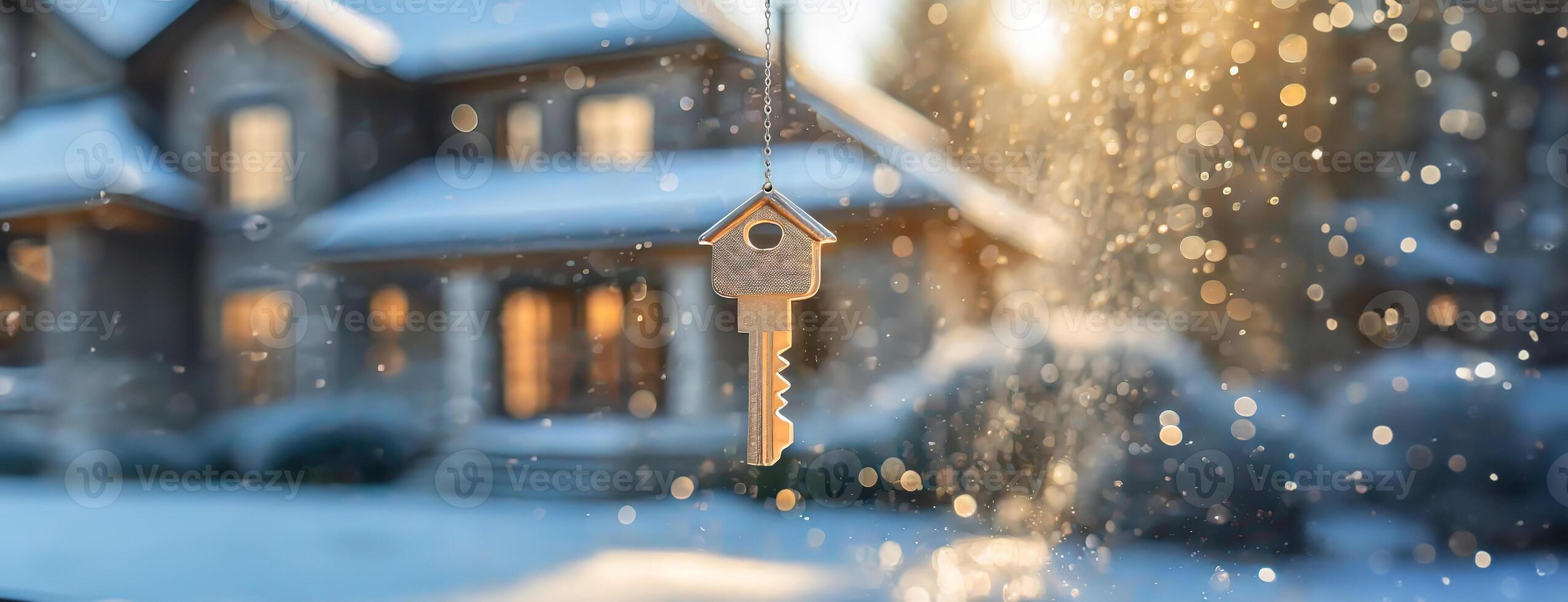 ai generiert Schlüssel mit Haus geformt Schlüsselbund. modern Land Privat Villa mit Winter schneebedeckt Garten auf das Hintergrund. echt Anwesen, ziehen um Zuhause oder mieten Eigentum Konzept foto