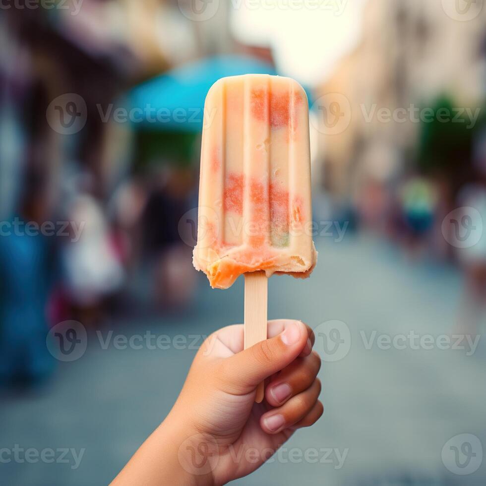 ai generiert ein Kind hält ein Eis am Stiel auf ein Stock. Nahansicht. fruchtig Sommer- erfrischend Snack foto