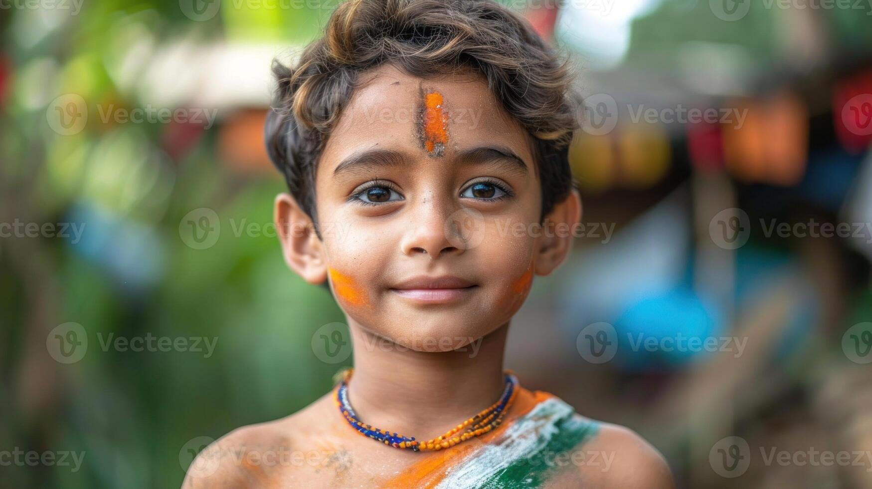 ai generiert Porträt von ein jung indisch Junge mit gemalt Gesicht, Indien. foto