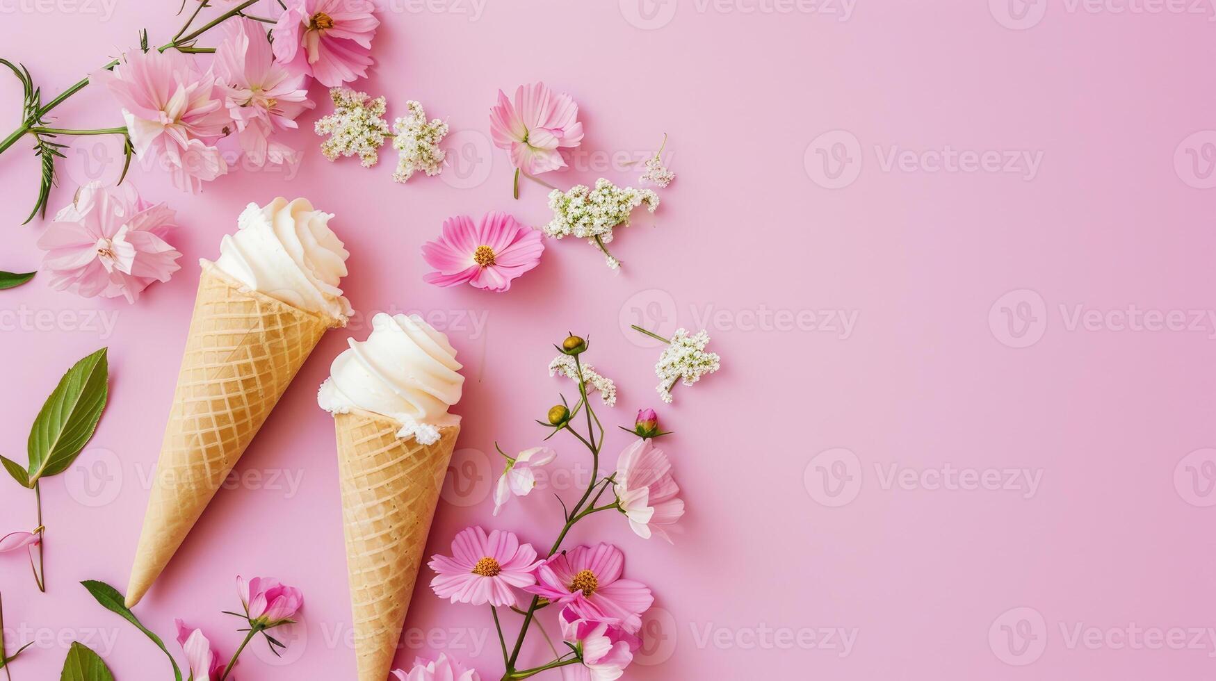 ai generiert Frühling Freude Eis Sahne Zapfen unter Rosa Blumen foto