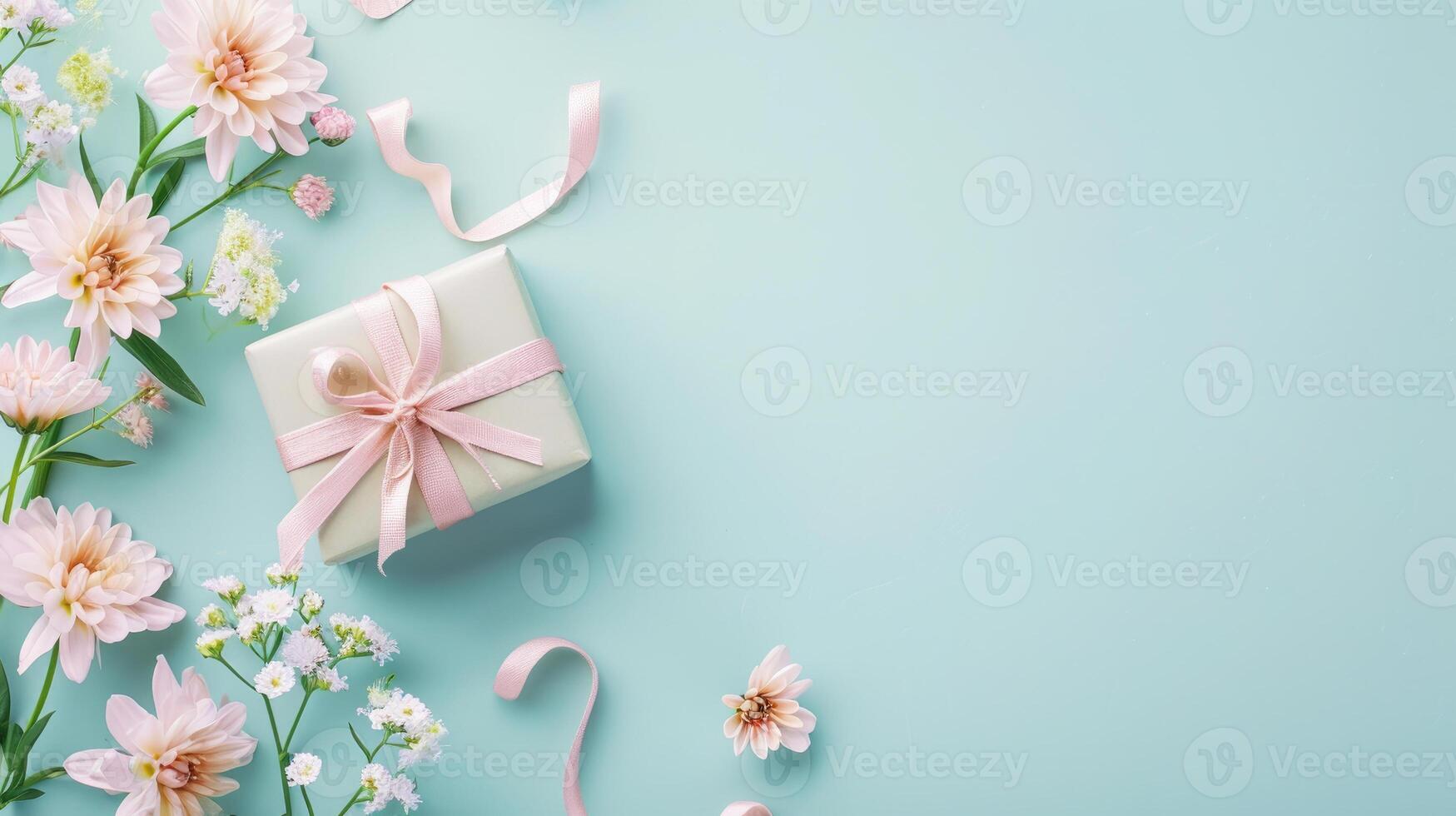 ai generiert elegant Geschenk und Blumen auf Licht Blau Hintergrund foto