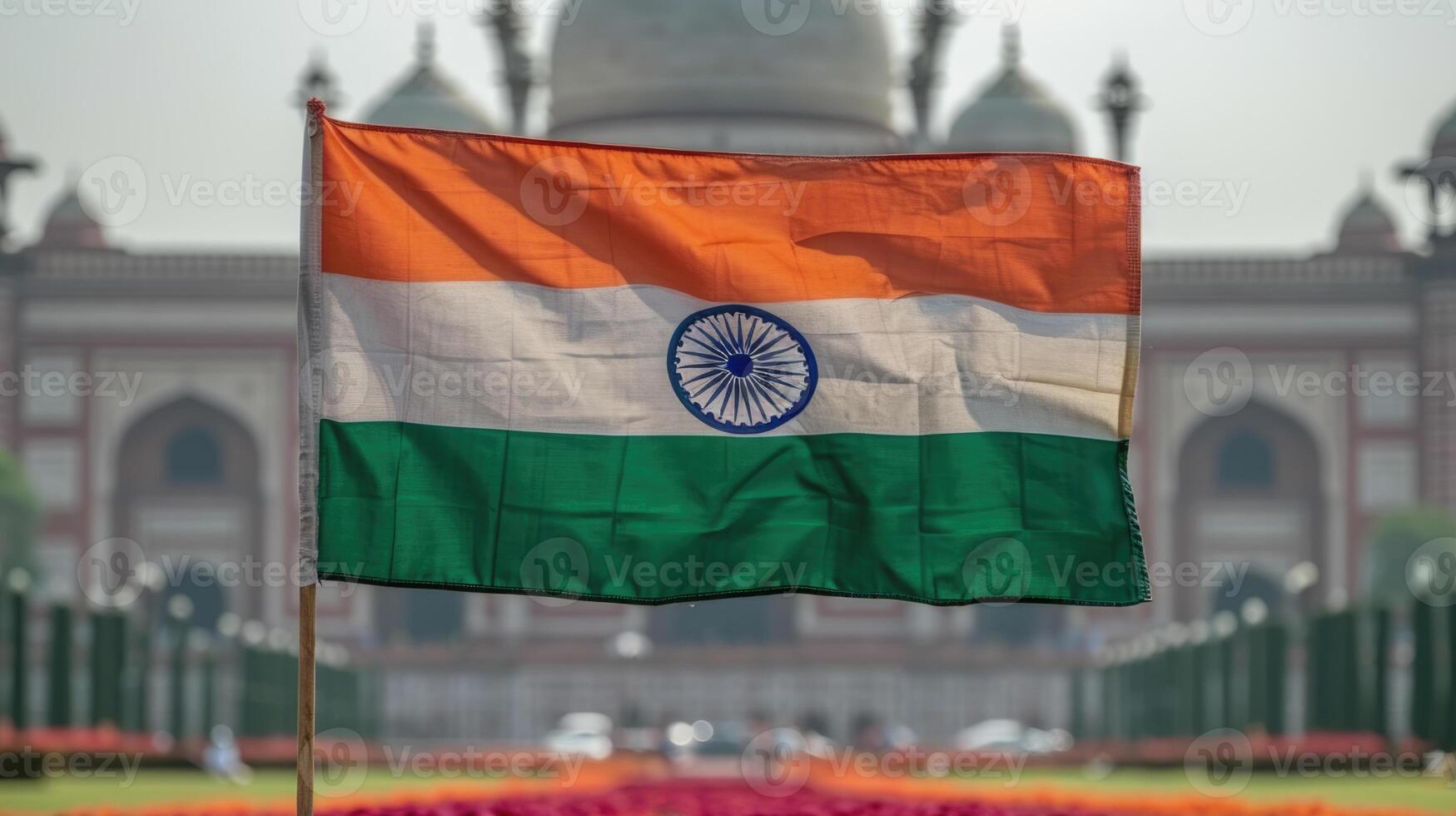 ai generiert indisch Flagge im Vorderseite von taj Mahal, agra, Indien foto