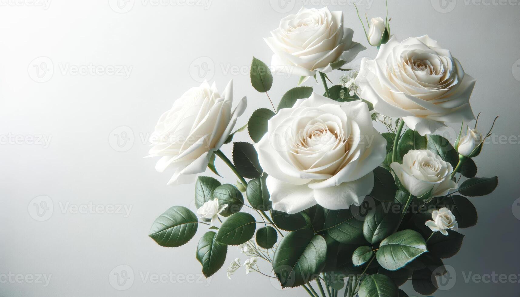ai generiert Eleganz im blühen Weiß Rosen Strauß foto