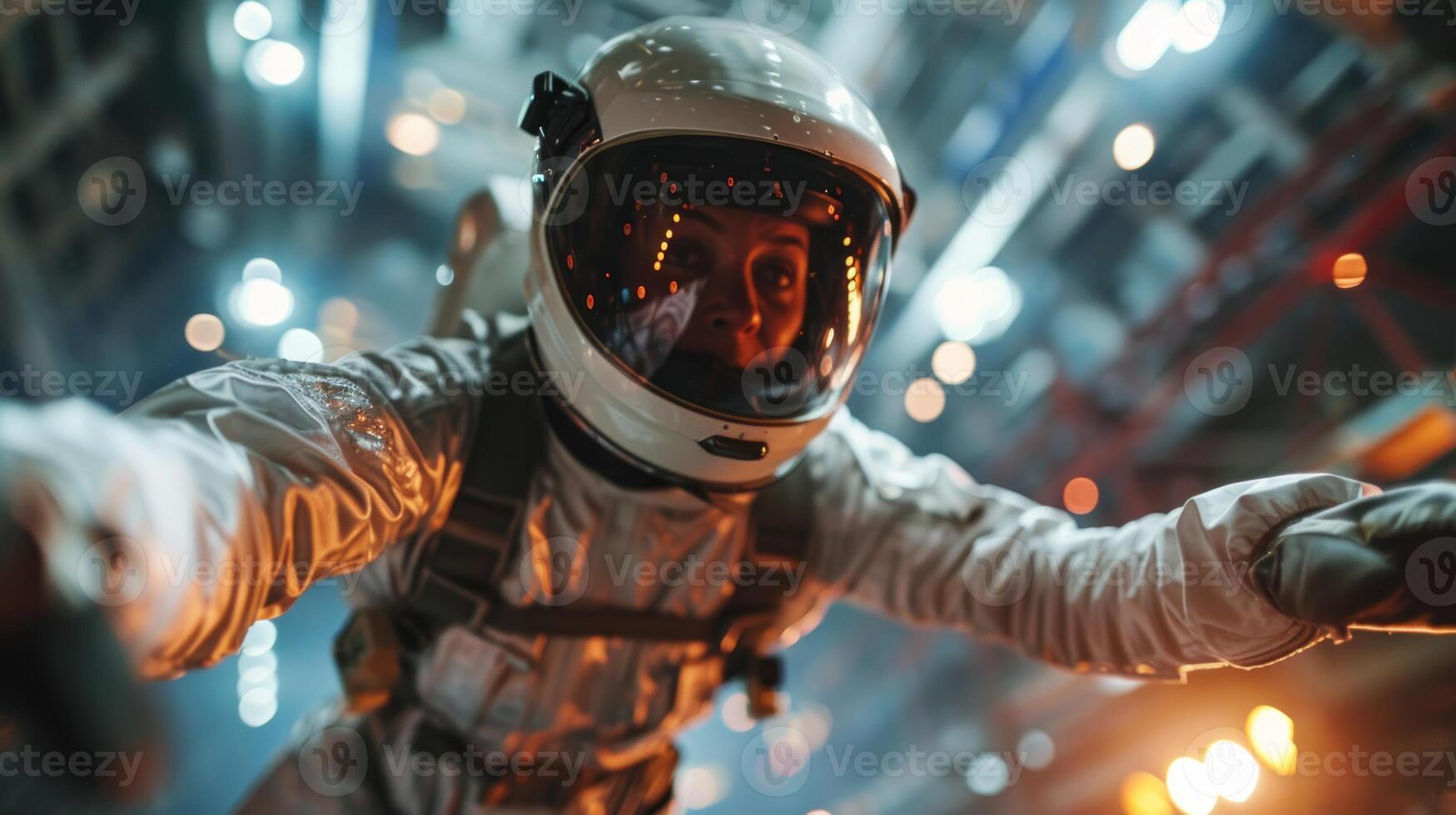 ai generiert Astronaut Frau im Raum passen und Helm auf ein Hintergrund von pendeln. foto