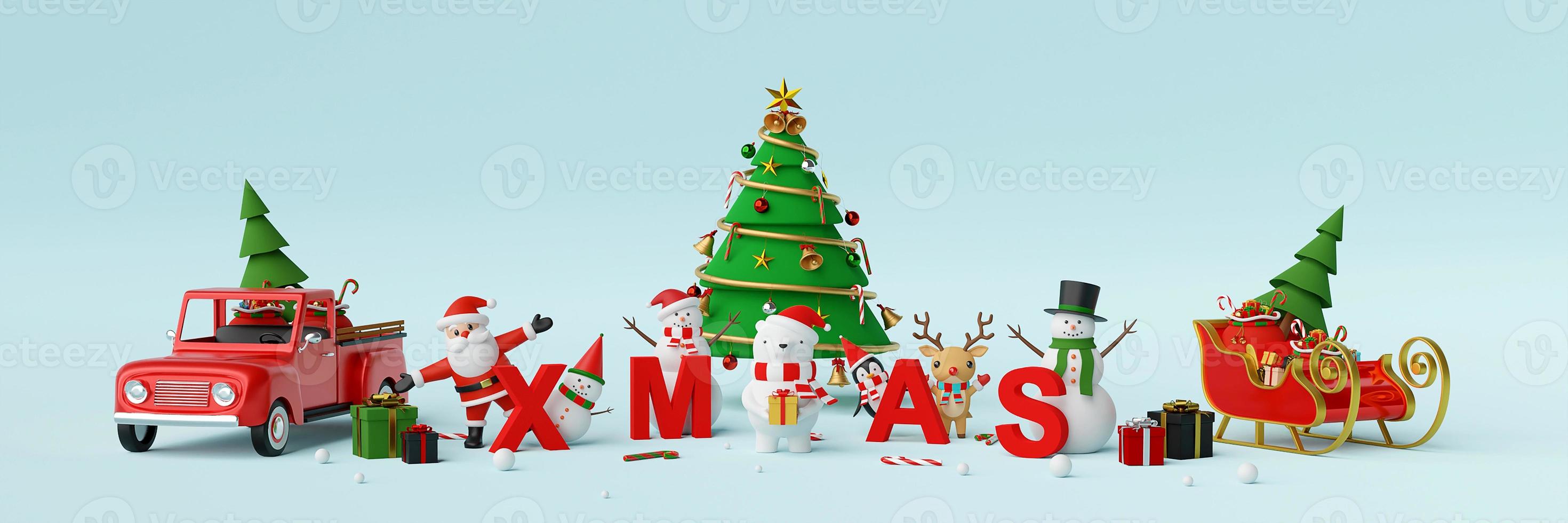 Frohe Weihnachten und ein glückliches neues Jahr, Bannerhintergrund von Weihnachtsmann und Weihnachtsfigur mit Buchstaben Weihnachten, 3D-Rendering foto