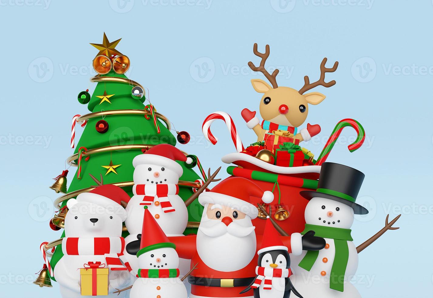 Frohe Weihnachten und ein glückliches neues Jahr, Szene der Weihnachtsfeier mit Weihnachtsmann und Freunden, 3D-Rendering foto