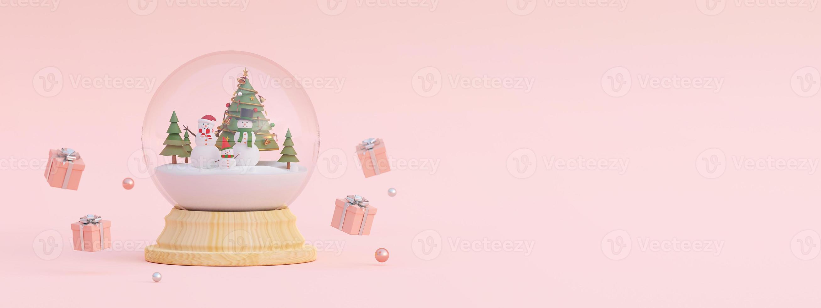 Frohe Weihnachten und ein glückliches neues Jahr, Szene von Weihnachtsgeschenken und Schneemann mit Weihnachtsbaum in einer Schneekugel, 3D-Rendering foto