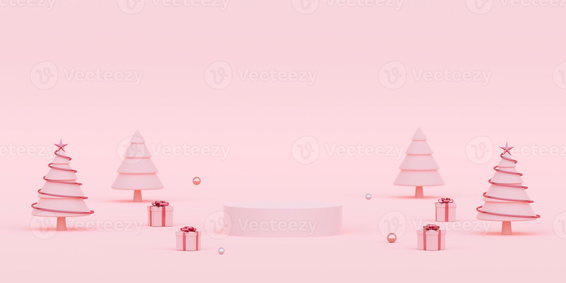 Szene des Podiums mit Weihnachtsschmuck und Geschenken, 3D-Rendering foto